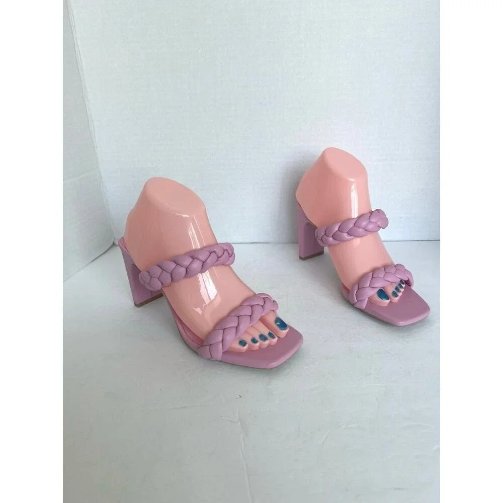 NWOT SODA Braided Strap Square Toe Sandal PinkVegan Leather‎ Dressy High Heels 7